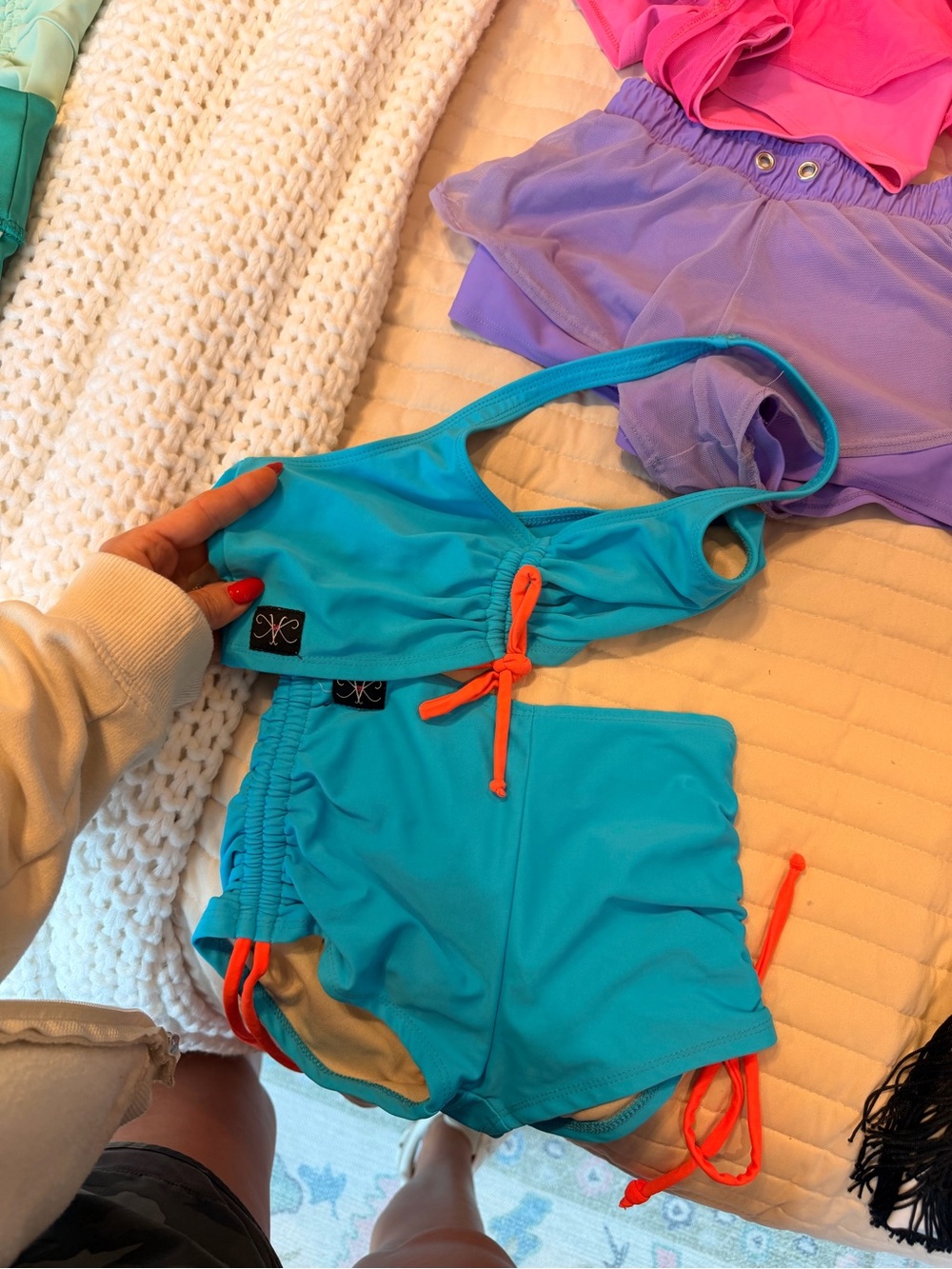 Girls Aqua Two-Piece Swim Set with Neon Orange Ties